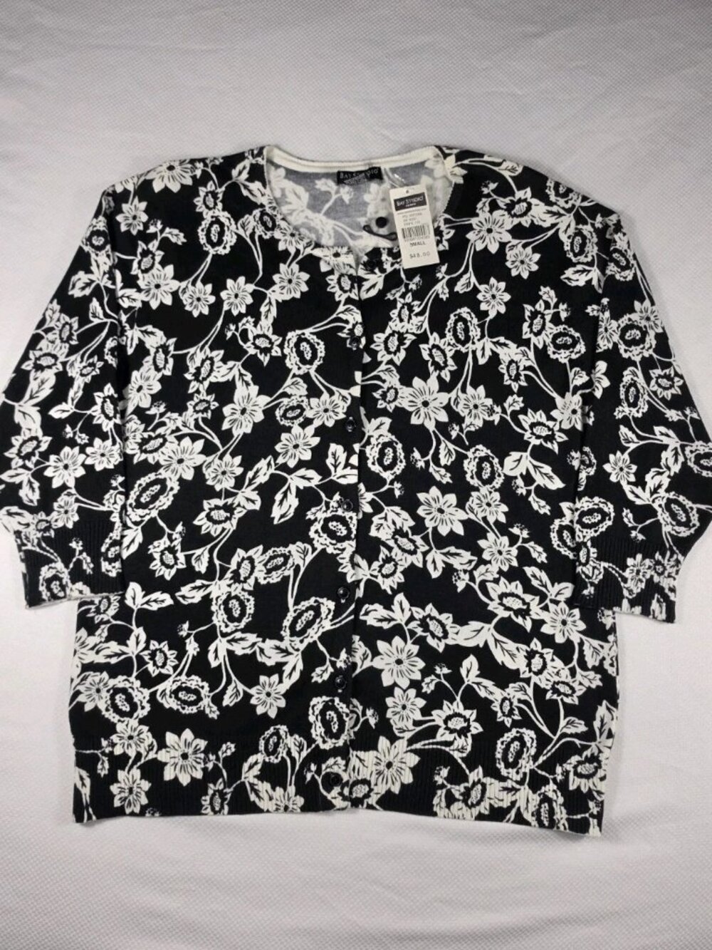 Bay Studio Career Size S Cardigan 3/4 Sleeve Black And White Floral Print NWT